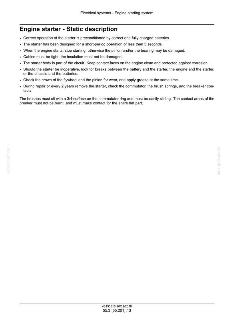 May include: A technical document titled "Engine starter - Static description" with bullet points detailing engine starter operation, maintenance, and troubleshooting. The document includes information on batteries, cables, and other components.