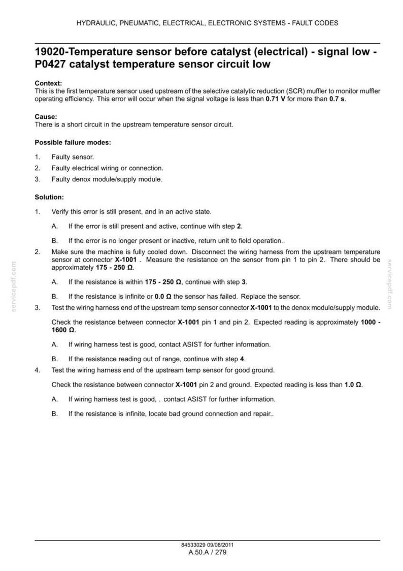 May include: A diagnostic document detailing fault codes for a vehicle's temperature sensor. The text explains the context, cause, and possible failure modes, with steps for troubleshooting and solutions. Includes resistance measurements in ohms.