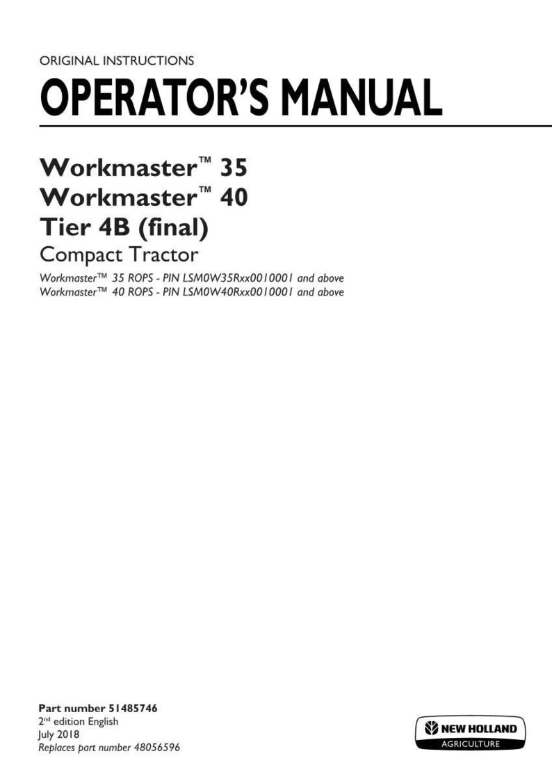 Pu&ograve; includere: Un manuale dell'operatore per trattori compatti New Holland Workmaster 35 e 40 Tier 4B. La copertina bianca presenta testo nero che include il titolo, i numeri di modello, gli intervalli PIN, il codice 51485746, la data luglio 2018 e il logo.