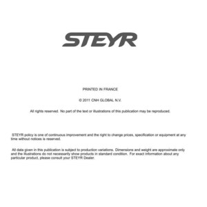 May include: A technical document page featuring the STEYR logo at the top center. The text includes company address details for CNH &Ouml;sterreich GmbH, copyright information from 2011, and a disclaimer regarding product specifications and publication rights.