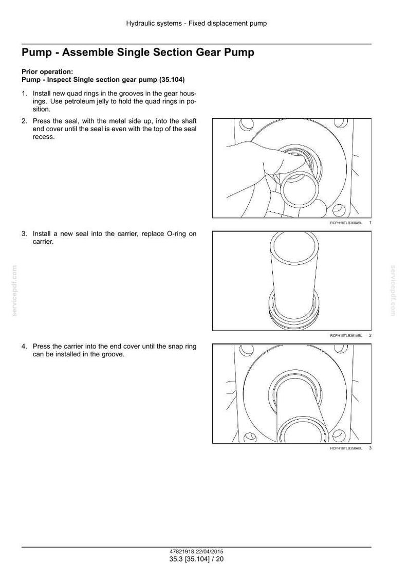 Puede incluir: Diagrama del proceso de montaje de una bomba. La imagen muestra instrucciones paso a paso para el montaje de una bomba de engranajes de una sola secci&oacute;n, incluida la instalaci&oacute;n de sellos y anillos. El texto incluye instrucciones y n&uacute;meros de pieza.