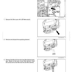 May include: Diagram of a Diesel Exhaust Fluid (DEF)/AdBlue supply module filter, with step-by-step instructions for maintenance. Includes images of the filter cover, equalizing element, and filter tool. The text indicates a 27 mm wrench is needed.