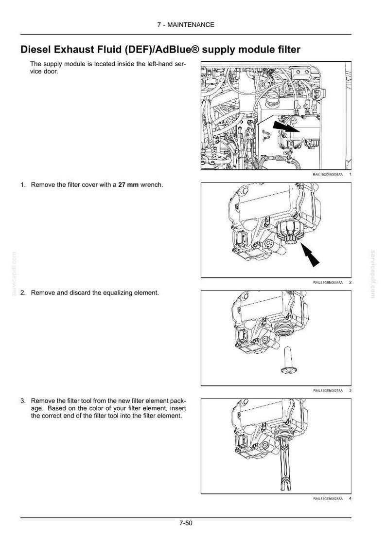 May include: Diagram of a Diesel Exhaust Fluid (DEF)/AdBlue supply module filter, with step-by-step instructions for maintenance. Includes images of the filter cover, equalizing element, and filter tool. The text indicates a 27 mm wrench is needed.