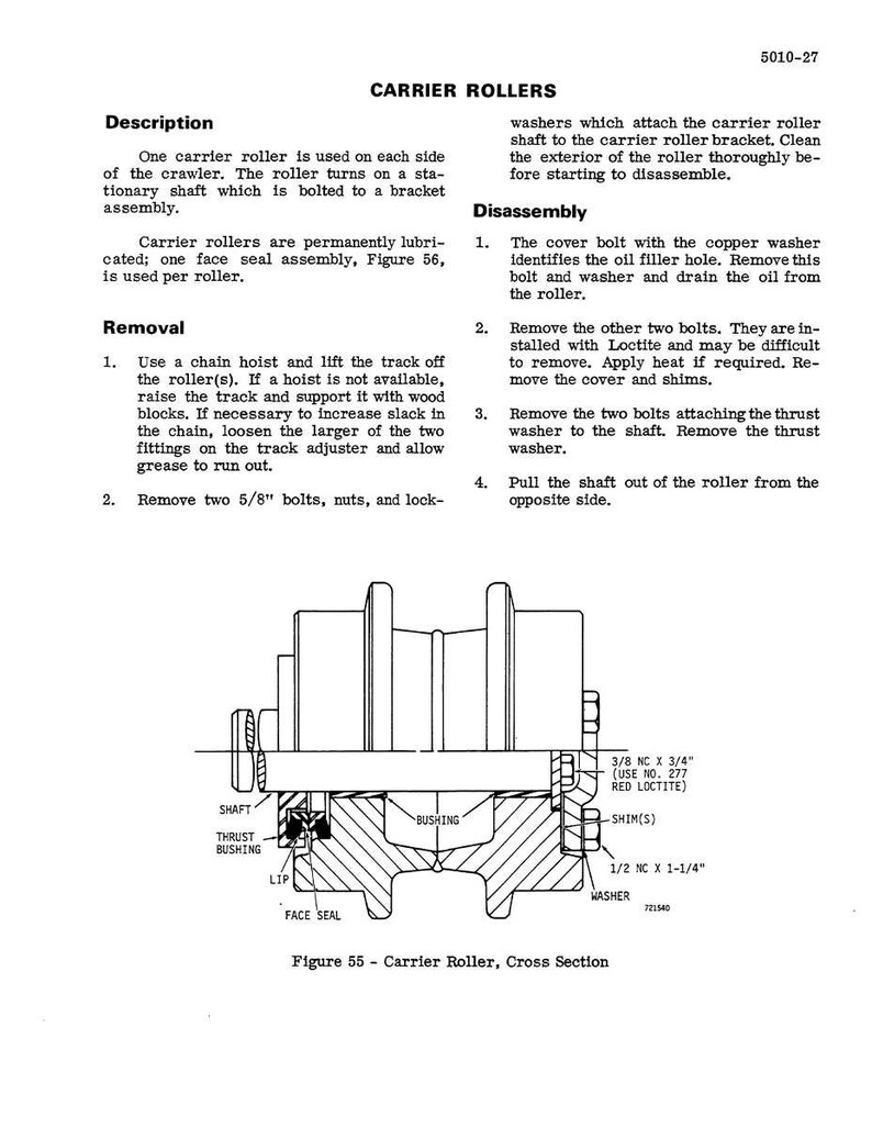 May include: Diagram of a carrier roller cross section, with labels for shaft, bushing, and face seal. Text includes instructions for removal and disassembly, with measurements in inches. The image is from a technical manual.