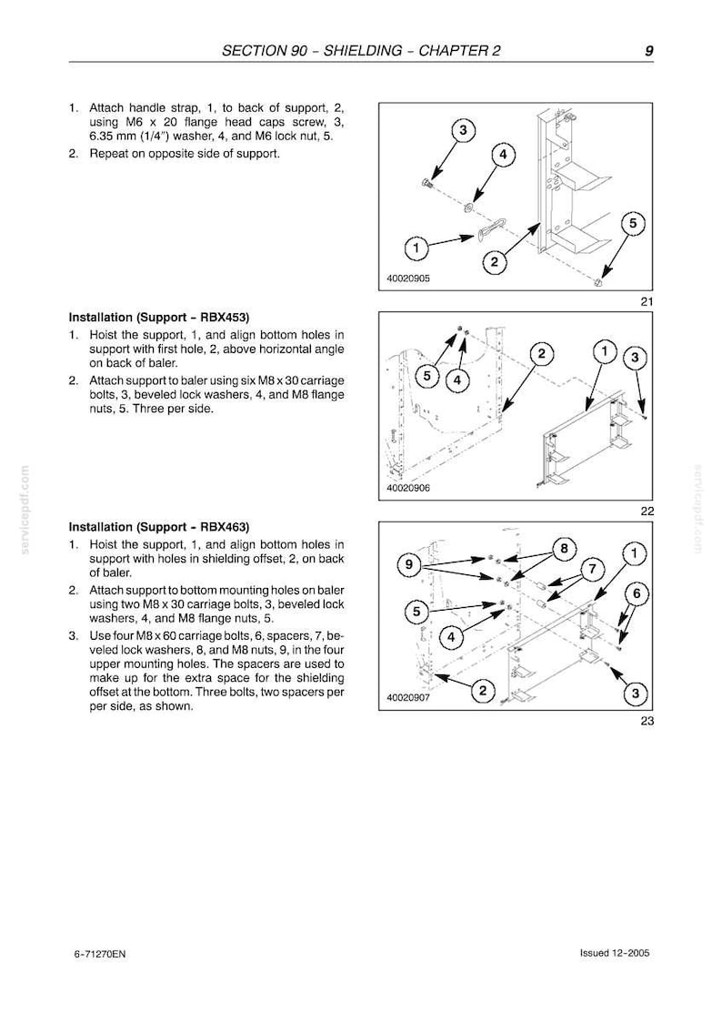 May include: Diagram of a mechanical assembly with numbered components, including bolts, washers, and nuts. The diagram is labeled with instructions for installation and assembly, with the text "SECTION 90 - SHIELDING - CHAPTER 2".