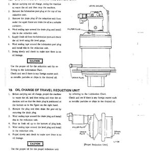 May include: A technical manual page featuring black and white line drawings of a swing reduction unit and a travel reduction unit. The diagrams include labels for level gauge, filter plug, and drain plug, alongside numbered maintenance instructions.