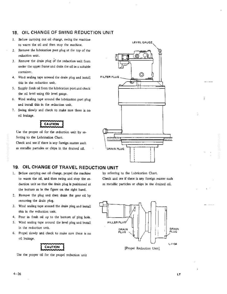 May include: A technical manual page featuring black and white line drawings of a swing reduction unit and a travel reduction unit. The diagrams include labels for level gauge, filter plug, and drain plug, alongside numbered maintenance instructions.