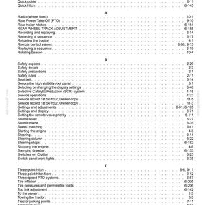 May include: A black and white index page from a technical manual, listing tractor functions and components alphabetically from Q to T, including topics like Quick hitch, Rear Power Take-Off, Safety aspects, and Three-point hitch with page numbers.