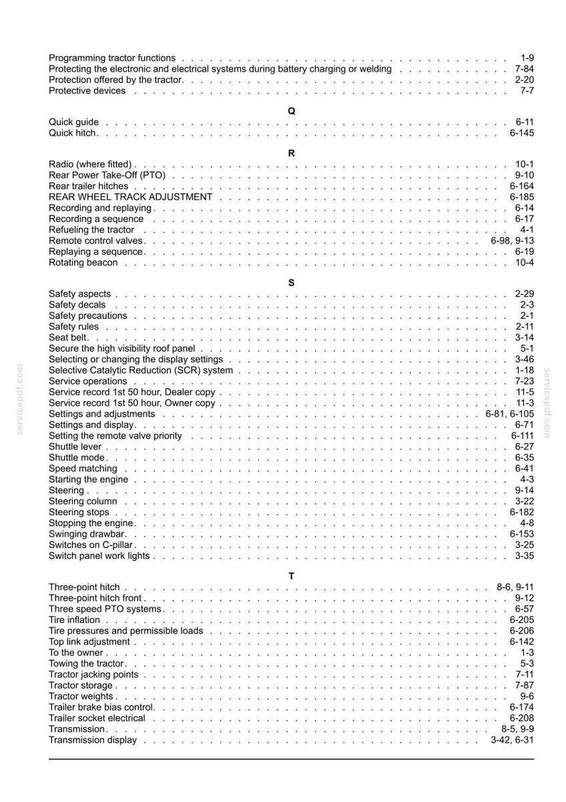May include: A black and white index page from a technical manual, listing tractor functions and components alphabetically from Q to T, including topics like Quick hitch, Rear Power Take-Off, Safety aspects, and Three-point hitch with page numbers.