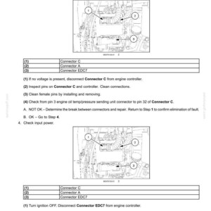 May include: Diagram of an engine with numbered connectors and troubleshooting steps. Text includes "Electrical systems - FAULT CODES" and instructions for checking circuits and input power. Includes Connector C, A, and EDC7.