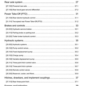 May include: A detailed page from a manual, featuring a table of contents with various mechanical components. Sections include rear axle, brakes, hydraulic systems, and hitches. The text is black on a white background.