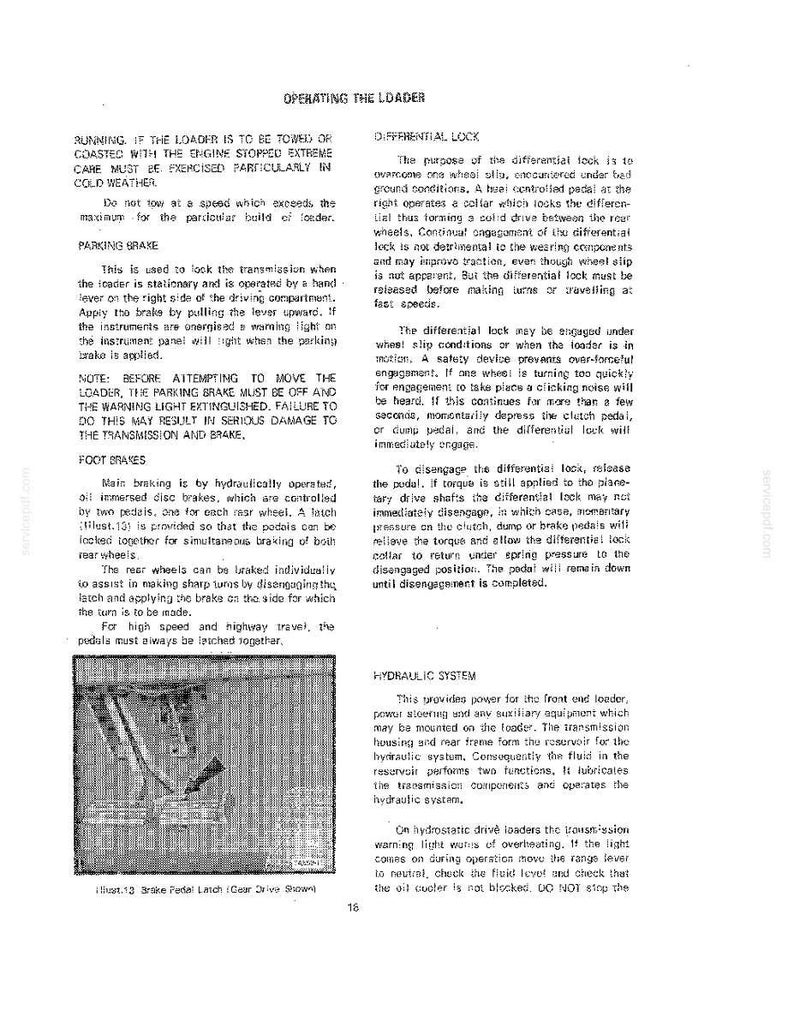 May include: A page from an equipment manual, titled "OPERATING THE LOADER." It details instructions for the parking brake, foot brakes, and differential lock. The text is in black font on a white background.