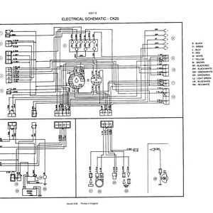 May include: Electrical schematic diagram CK25, a detailed black and white illustration. The diagram features numerous lines, symbols, and components, including relays, connectors, and switches. Text at the top reads "ELECTRICAL SCHEMATIC - CK25". A legend on the right identifies wire colors.