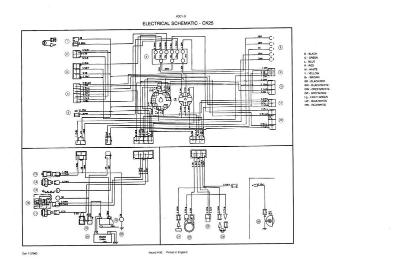 May include: Electrical schematic diagram CK25, a detailed black and white illustration. The diagram features numerous lines, symbols, and components, including relays, connectors, and switches. Text at the top reads "ELECTRICAL SCHEMATIC - CK25". A legend on the right identifies wire colors.