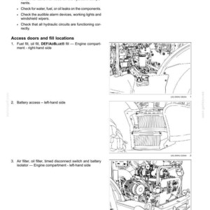 May include: A technical manual page titled 7-MAINTENANCE featuring black and white line drawings of machinery components. It includes instructions for engine startup checks and identifies access points for fuel, oil, DEF, battery, and air filters.