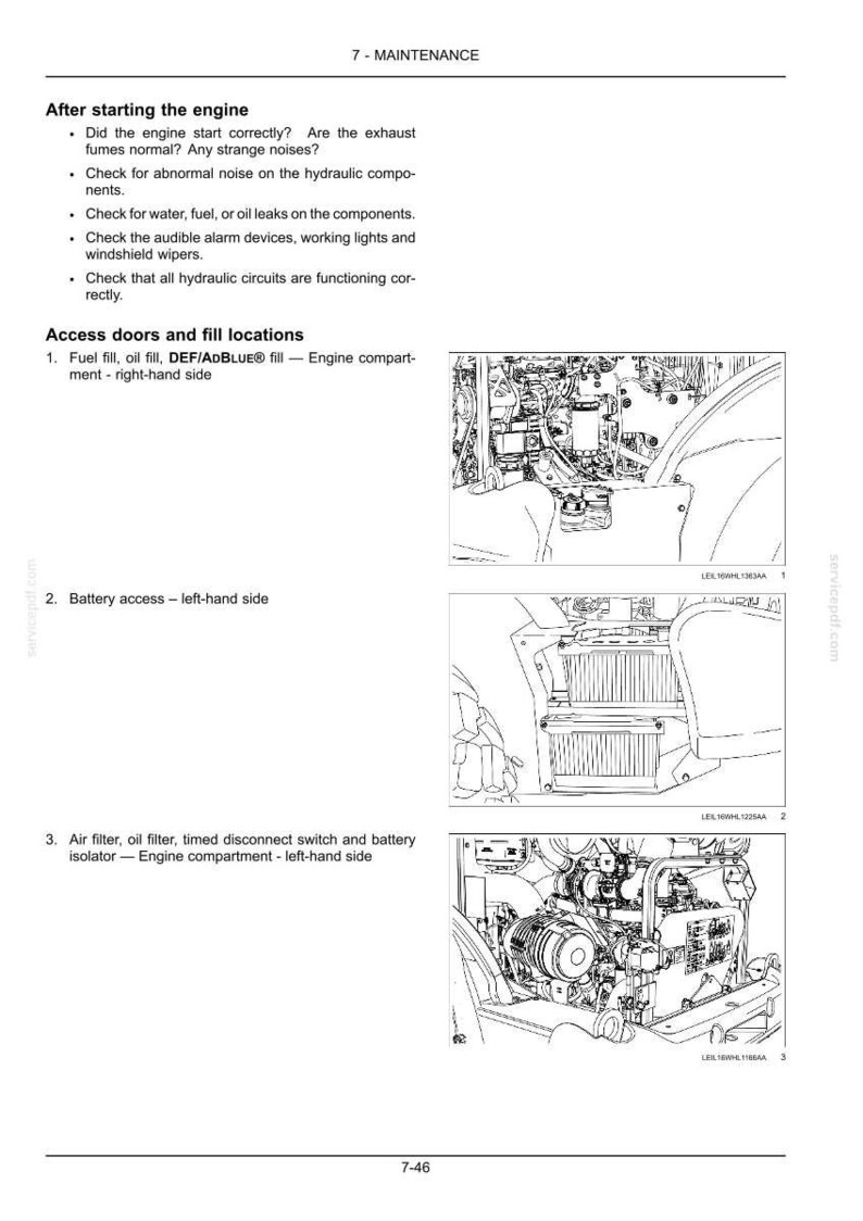 May include: A technical manual page titled 7-MAINTENANCE featuring black and white line drawings of machinery components. It includes instructions for engine startup checks and identifies access points for fuel, oil, DEF, battery, and air filters.