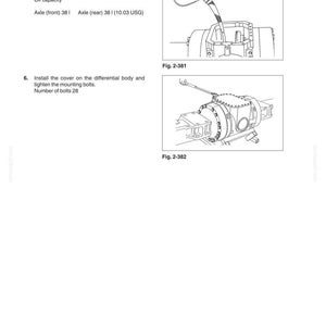 May include: Technical diagram from a manual showing transmission assembly instructions. Includes illustrations of filling a differential with oil and installing a cover. Text includes oil capacity, axle measurements, and the number of bolts.