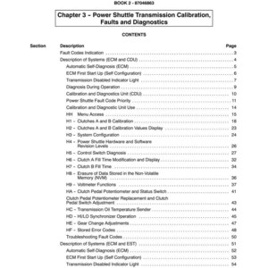 May include: A page from a manual titled "SECTION 21 - TRANSMISSIONS" with the text "Chapter 3 - Power Shuttle Transmission Calibration, Faults and Diagnostics." The contents list sections like "Fault Codes Indication" and "Automatic Self-Diagnosis (ECM)."