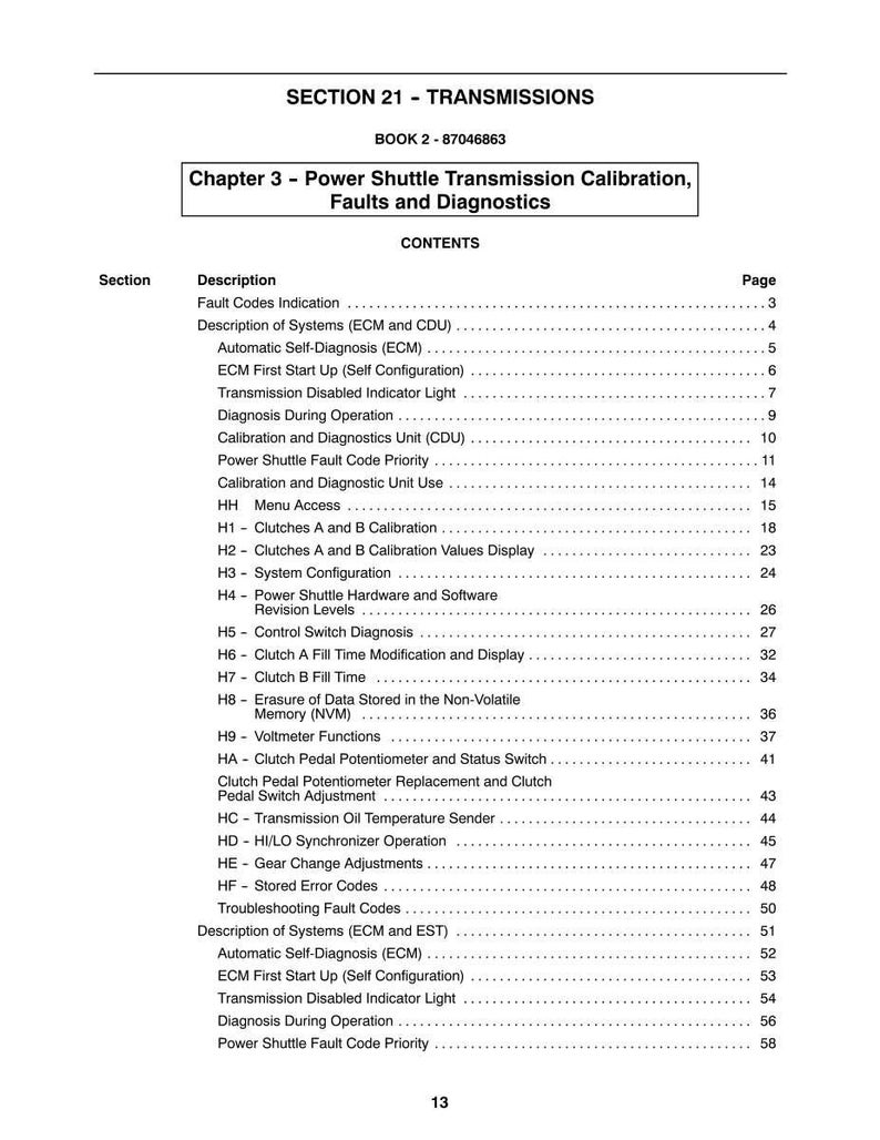 May include: A page from a manual titled "SECTION 21 - TRANSMISSIONS" with the text "Chapter 3 - Power Shuttle Transmission Calibration, Faults and Diagnostics." The contents list sections like "Fault Codes Indication" and "Automatic Self-Diagnosis (ECM)."
