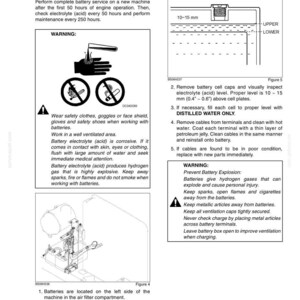 May include: A technical manual page titled CHAPTER 7 - ELECTRICAL, detailing battery maintenance. It includes safety warnings, a diagram showing a 10-15 mm (0.4-0.6 inch) electrolyte level, and a diagram showing battery location on a machine.