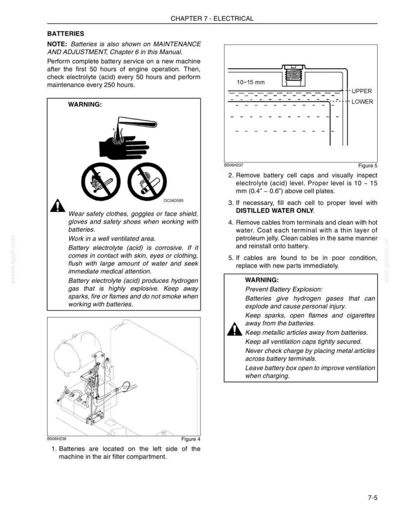 May include: A technical manual page titled CHAPTER 7 - ELECTRICAL, detailing battery maintenance. It includes safety warnings, a diagram showing a 10-15 mm (0.4-0.6 inch) electrolyte level, and a diagram showing battery location on a machine.