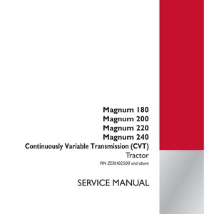 K&ouml;nnte beinhalten: Ein wei&szlig;es Servicehandbuch mit roten Akzenten. Das Cover zeigt den Text "Magnum 180, 200, 220, 240" und "Stufenloses Getriebe (CVT) Traktor." Das Case IH Agriculture Logo befindet sich unten rechts.