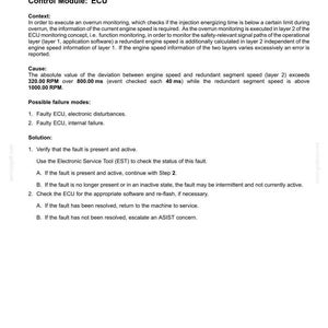 May include: Document detailing fault code 65764-03, "Redundant Engine Speed in Overrun Monitoring - Speed Signal Not Plausible." Includes context, cause, possible failure modes, and solution steps for ECU diagnostics.