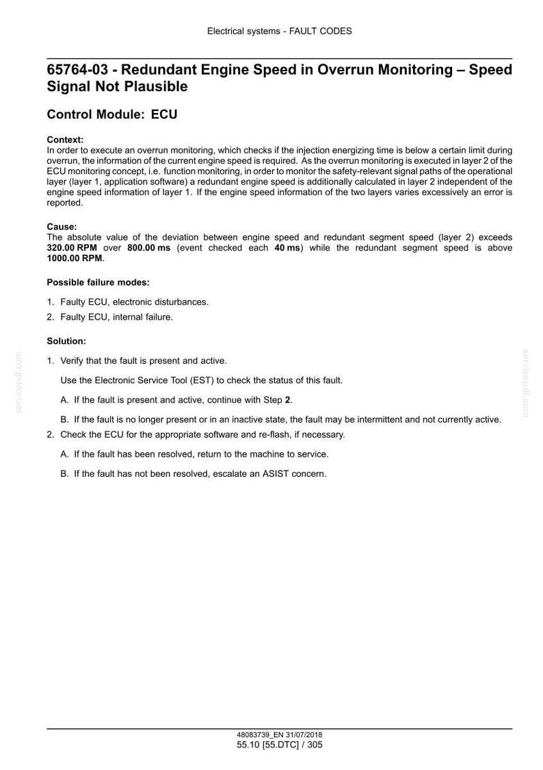 May include: Document detailing fault code 65764-03, "Redundant Engine Speed in Overrun Monitoring - Speed Signal Not Plausible." Includes context, cause, possible failure modes, and solution steps for ECU diagnostics.