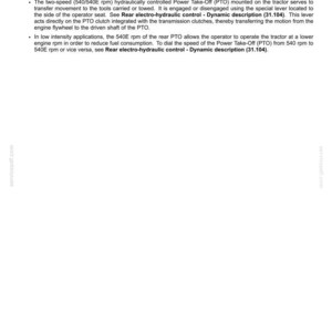 May include: A technical document detailing the two-speed rear Power Take-Off (PTO) system. It describes the PTO's function in transferring movement to tools, its hydraulic control, and the lever's role. Includes information on engine rpm and fuel consumption.