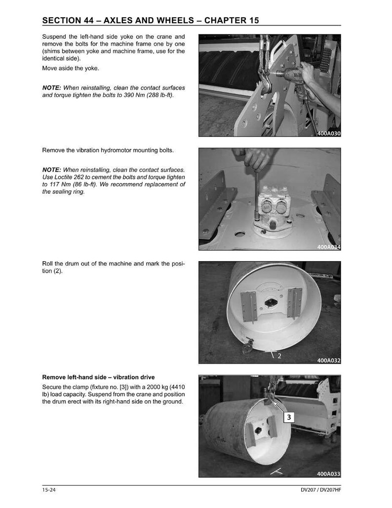 May include: A grayscale technical manual page titled "SECTION 44 - AXLES AND WHEELS - CHAPTER 15." The page includes instructions and images detailing machinery disassembly and reassembly, with torque specifications in pound-feet.