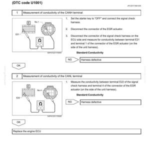 May include: A technical document page titled Engine Diagnosis Code E485B detailing CAN1 and CAN2 communication error troubleshooting. It includes diagrams for measuring conductivity of CANH and CANL terminals using a multimeter and signal harness.