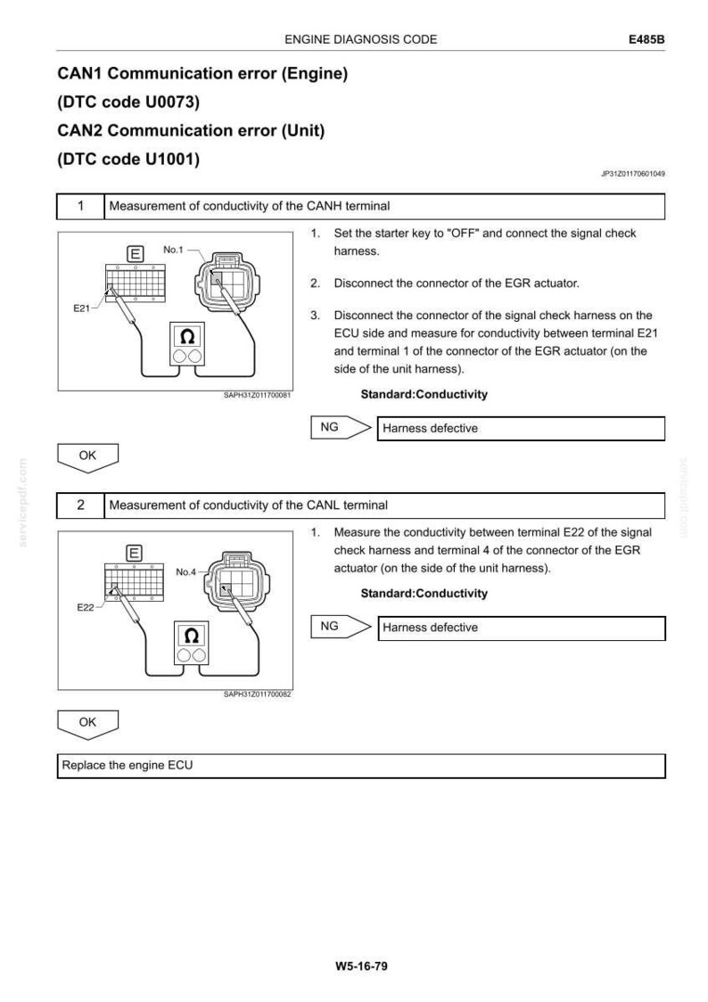 May include: A technical document page titled Engine Diagnosis Code E485B detailing CAN1 and CAN2 communication error troubleshooting. It includes diagrams for measuring conductivity of CANH and CANL terminals using a multimeter and signal harness.