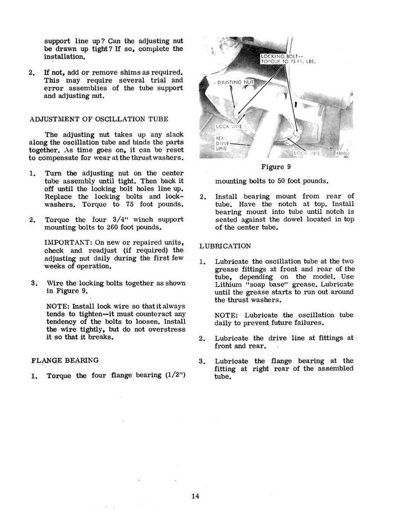 May include: A page from a manual with text and diagrams detailing the adjustment of an oscillation tube. Instructions include tightening nuts, replacing bolts, and lubricating parts. Figure 9 shows the location of components.