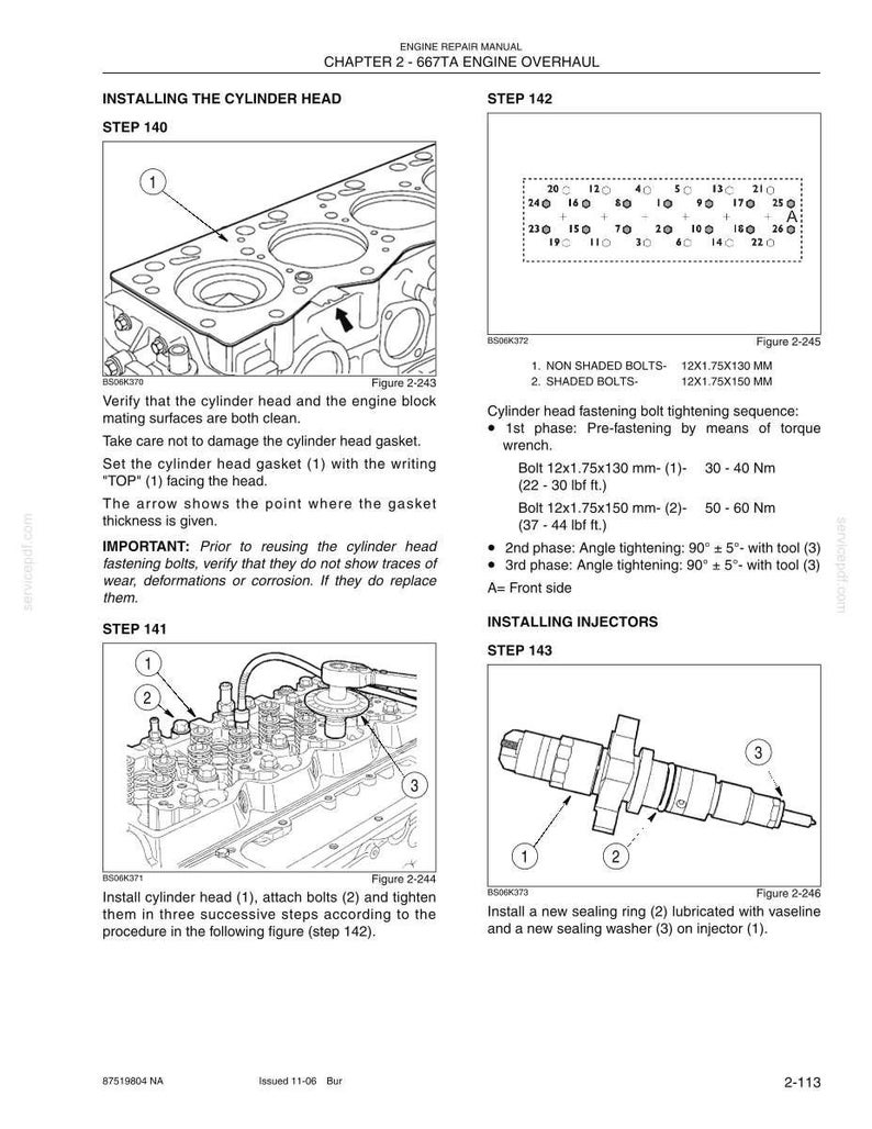May include: A page from an engine repair manual titled Chapter 2 - 667TA Engine Overhaul. It features technical diagrams for installing a cylinder head and injectors, including bolt tightening sequences, torque specifications in Nm and lbf ft.