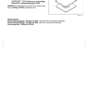 May include: A technical document page titled Getriebe - Stufenloses Automatikgetriebe (CVT) featuring a line drawing of a square adapter plate with four corner holes. The text includes instructions for transmission disassembly and a load requirement of 1764 lb.