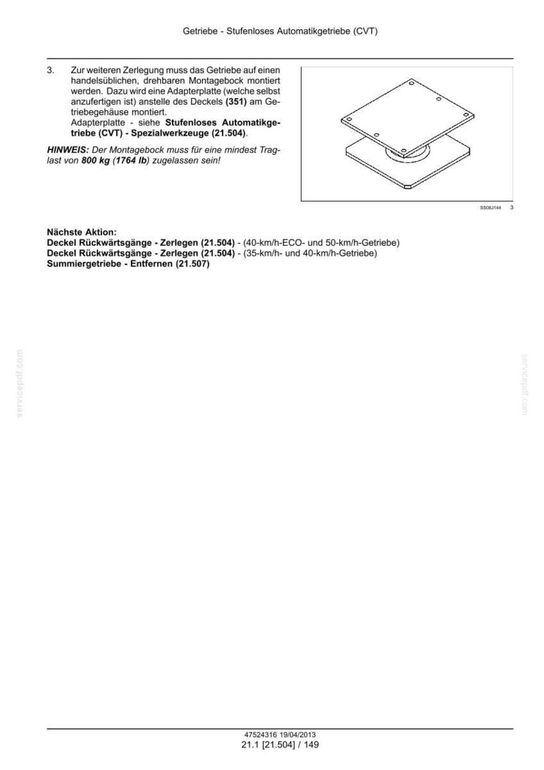 May include: A technical document page titled Getriebe - Stufenloses Automatikgetriebe (CVT) featuring a line drawing of a square adapter plate with four corner holes. The text includes instructions for transmission disassembly and a load requirement of 1764 lb.
