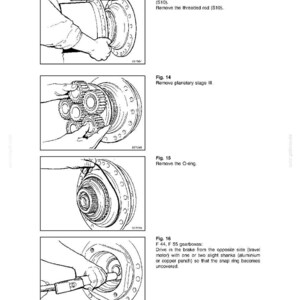 May include: A technical diagram titled "TRAVEL GEARBOX" with four illustrations detailing the disassembly of a mechanical component. The images show hands interacting with gears, rings, and other parts. Text includes instructions like "Remove the ring gear" and "Remove planetary stage III."