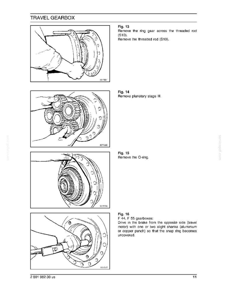 May include: A technical diagram titled "TRAVEL GEARBOX" with four illustrations detailing the disassembly of a mechanical component. The images show hands interacting with gears, rings, and other parts. Text includes instructions like "Remove the ring gear" and "Remove planetary stage III."