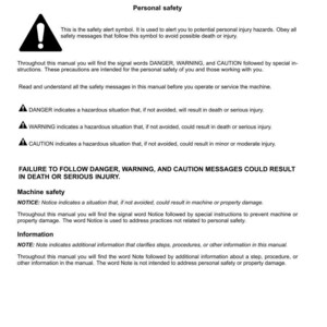 May include: A white manual page with safety instructions. The page includes safety alert symbols, signal words like DANGER, WARNING, and CAUTION, and explanations of their meanings. The document is for machine operation.