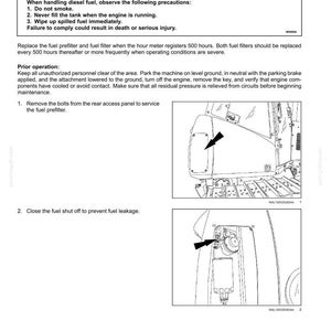 May include: Diagram of fuel filter maintenance instructions. The image shows steps for removing bolts from the rear access panel and closing the fuel shut off to prevent leakage. Includes a warning about fire hazards.