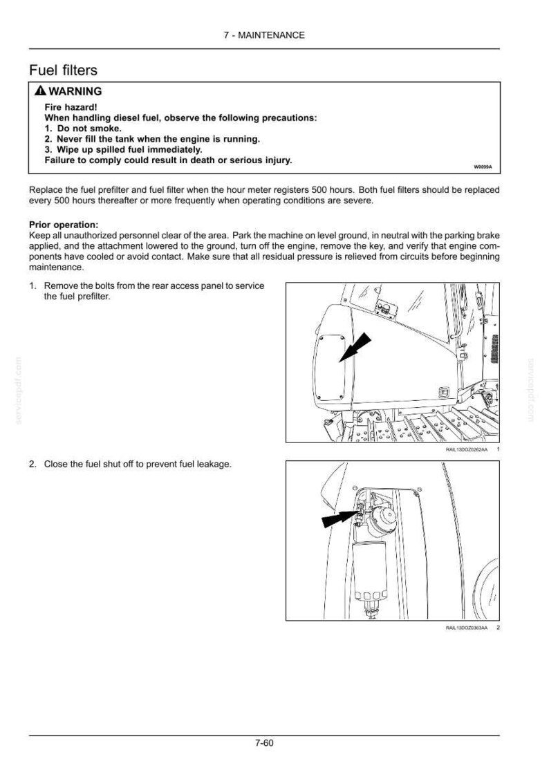 May include: Diagram of fuel filter maintenance instructions. The image shows steps for removing bolts from the rear access panel and closing the fuel shut off to prevent leakage. Includes a warning about fire hazards.