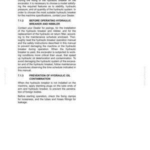 May include: A page from a manual detailing hydraulic breaker and nibbler attachments. The text includes sections on selection, operation, and prevention of oil contamination, with safety instructions and maintenance schedules.