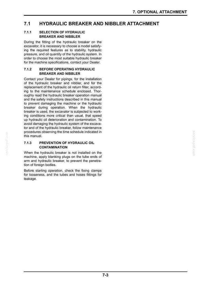May include: A page from a manual detailing hydraulic breaker and nibbler attachments. The text includes sections on selection, operation, and prevention of oil contamination, with safety instructions and maintenance schedules.