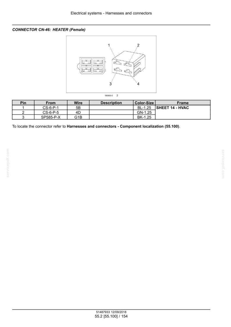 May include: Diagram of a CN-46 HEATER (Female) connector, with a table detailing pin connections, wire specifications, and color-size information. The diagram includes a 3D illustration of the connector and its pin layout.