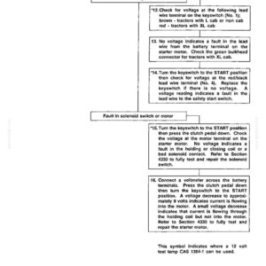 May include: A technical diagram with troubleshooting steps for a keyswitch and solenoid switch or motor. The text includes instructions for checking voltage and identifying faults, with references to specific components and procedures.