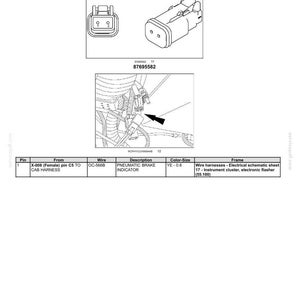 May include: Diagram of electrical connectors and wiring, labeled "X-067 - PNUEMATIC AIR SW (N/C) (87695582) (Male)". Includes close-up illustrations of the connector and its components, along with a wiring diagram and a table of specifications.