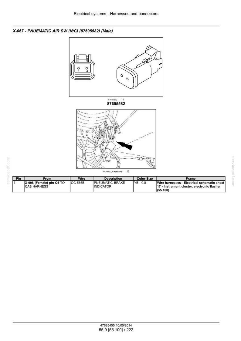 May include: Diagram of electrical connectors and wiring, labeled "X-067 - PNUEMATIC AIR SW (N/C) (87695582) (Male)". Includes close-up illustrations of the connector and its components, along with a wiring diagram and a table of specifications.
