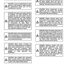 Pu&ograve; includere: Una pagina del manuale di sicurezza con diverse avvertenze e precauzioni in testo nero su sfondo bianco. Le avvertenze riguardano argomenti come parti calde, olio idraulico e sicurezza della batteria. Il documento &egrave; etichettato 1001-4.