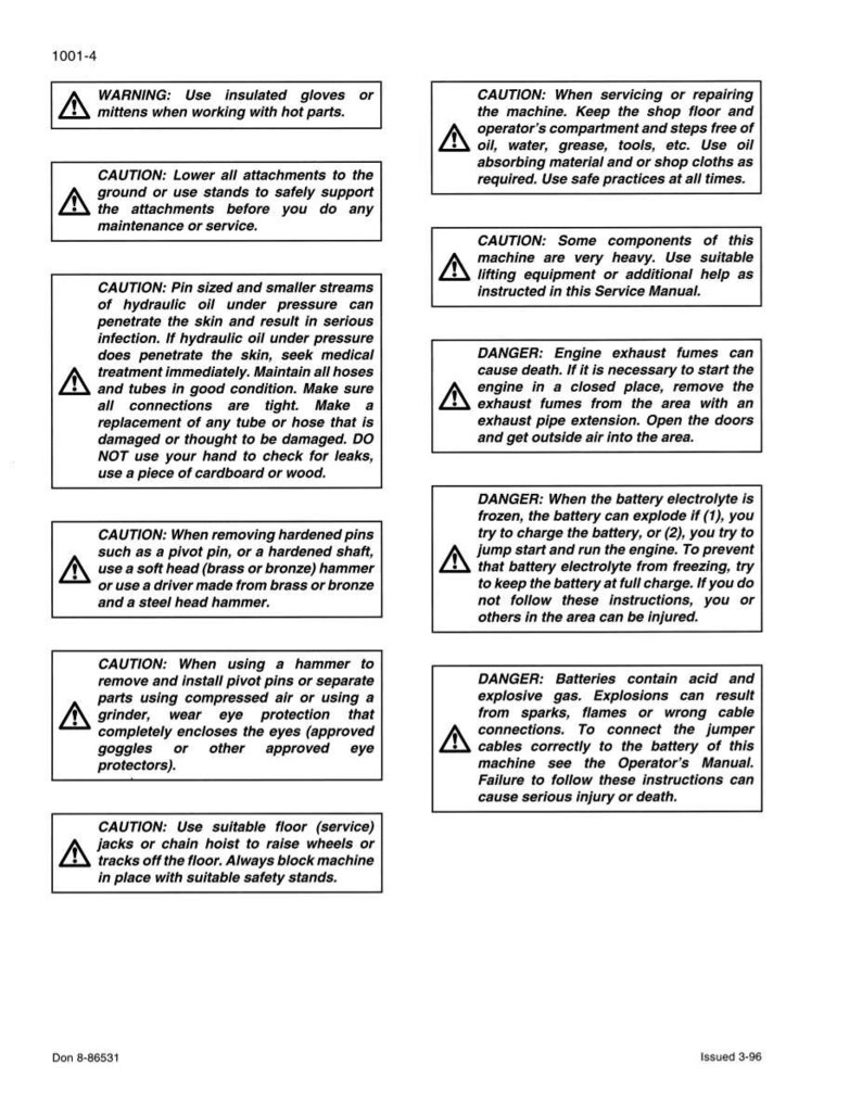 Pu&ograve; includere: Una pagina del manuale di sicurezza con diverse avvertenze e precauzioni in testo nero su sfondo bianco. Le avvertenze riguardano argomenti come parti calde, olio idraulico e sicurezza della batteria. Il documento &egrave; etichettato 1001-4.