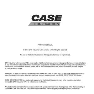 May include: A white document with the "CASE CONSTRUCTION" logo in black and gray. The document includes text about technical publications and tools, and copyright information. The document is printed in Brazil.